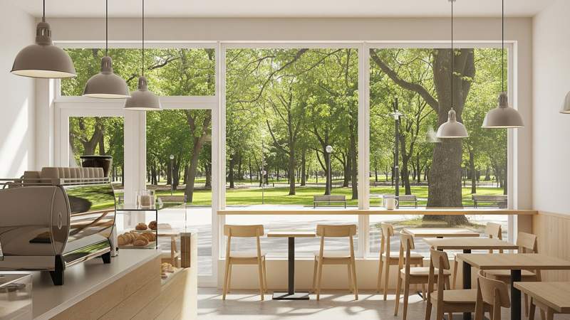 Image of a coffee shop with clean windows.
